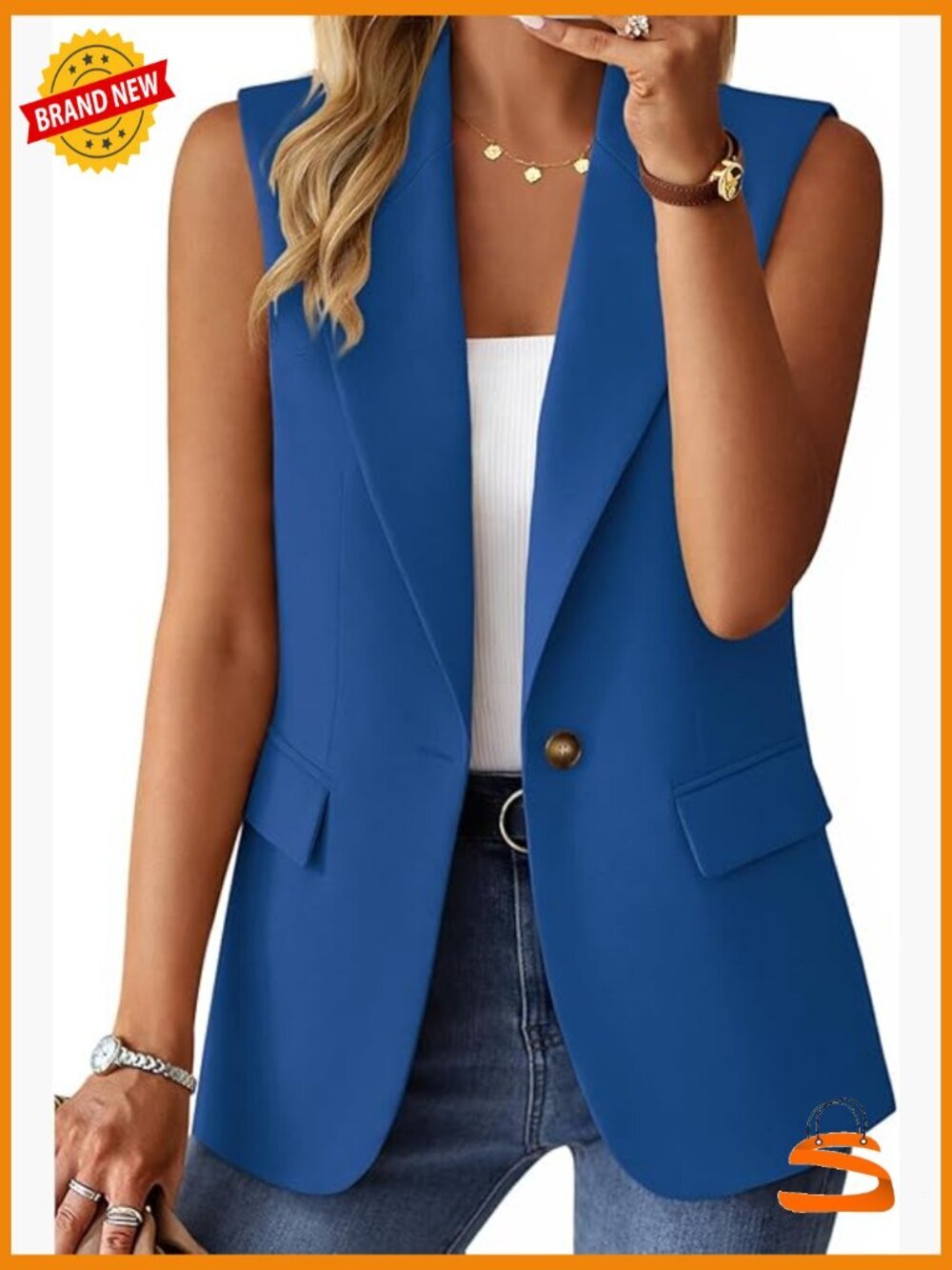 Sleeveless Notch Lapel Casual Work Office Blazer Vest with Pockets